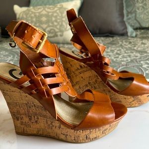 Guess wedges. Cognac straps and cork sole, Size 6.